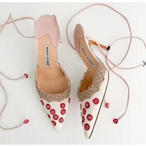 Manolo Blahnik Floral Embellished Satin Ankle Wrap Mules, Size 37
